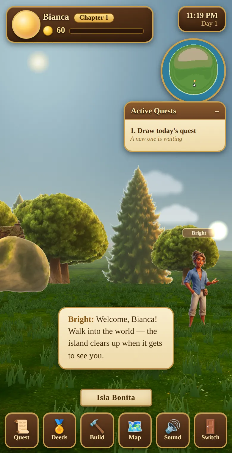 The game on a phone with quests and map
